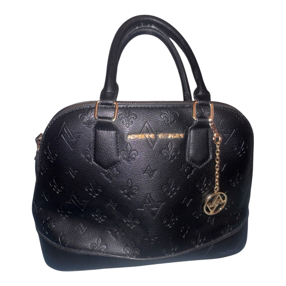 Adrienne Vittadini Black Satchel Top Handle Dome Bag Gold Hardware Logo
